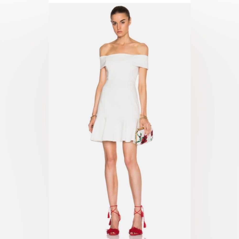 N/nicholas Off the Shoulder Ponti Mini dress in white